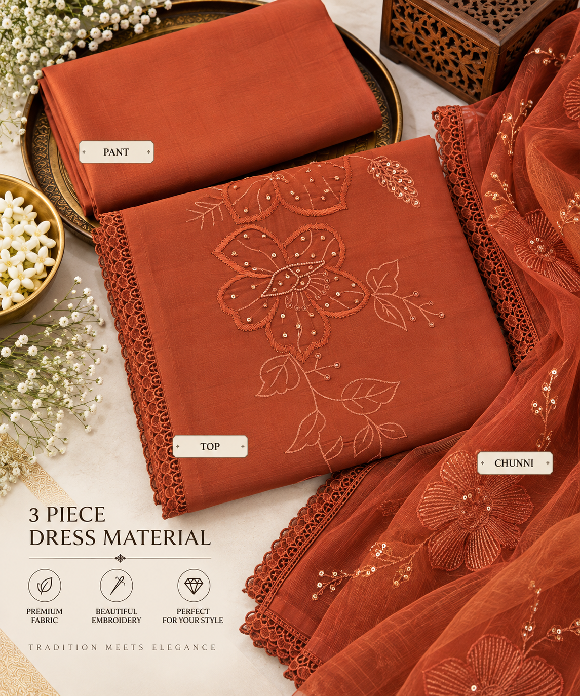 Rust Floral Embroidered 3 Piece Dress Material