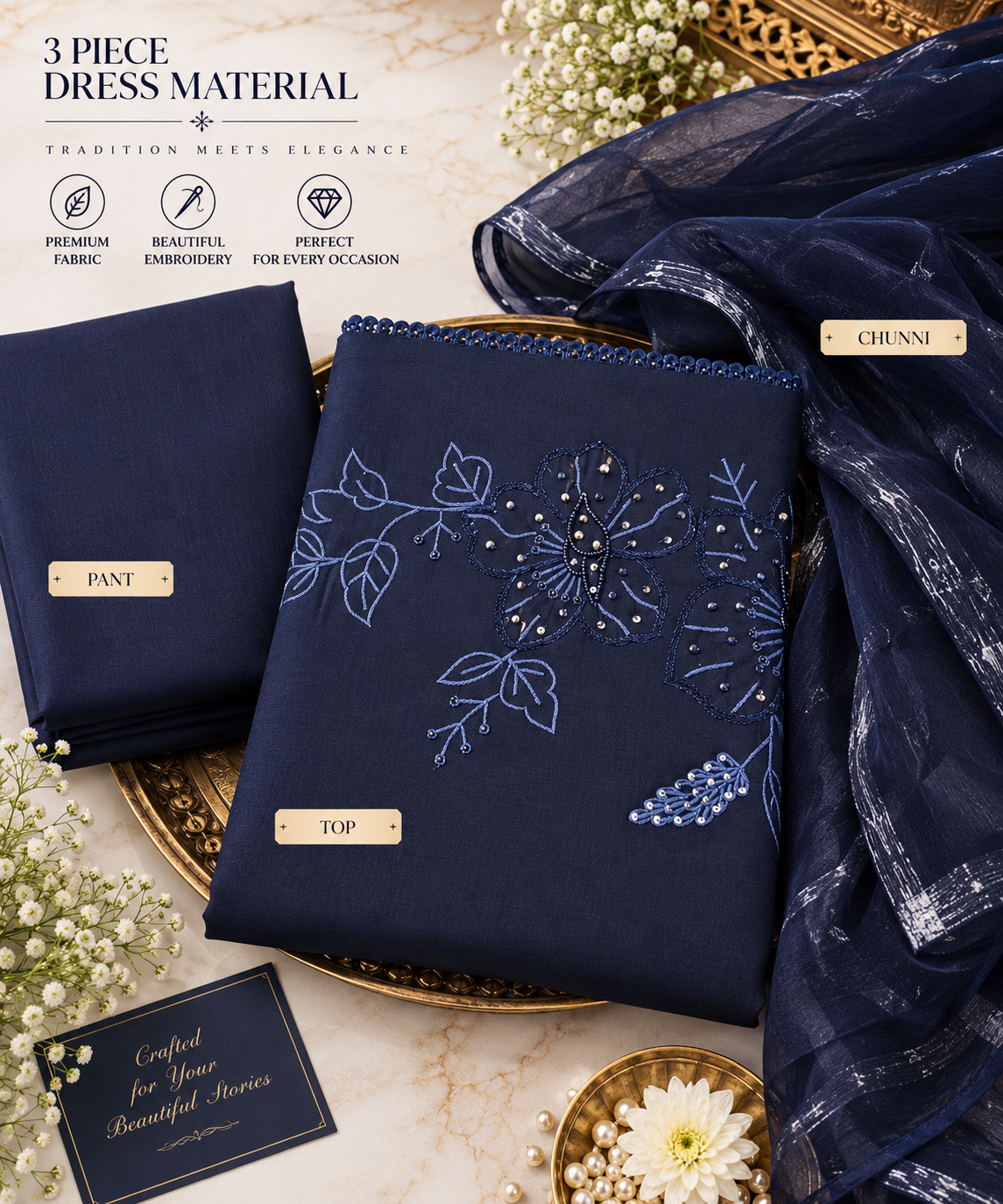Navy Blue Floral Embroidered 3 Piece Dress Material