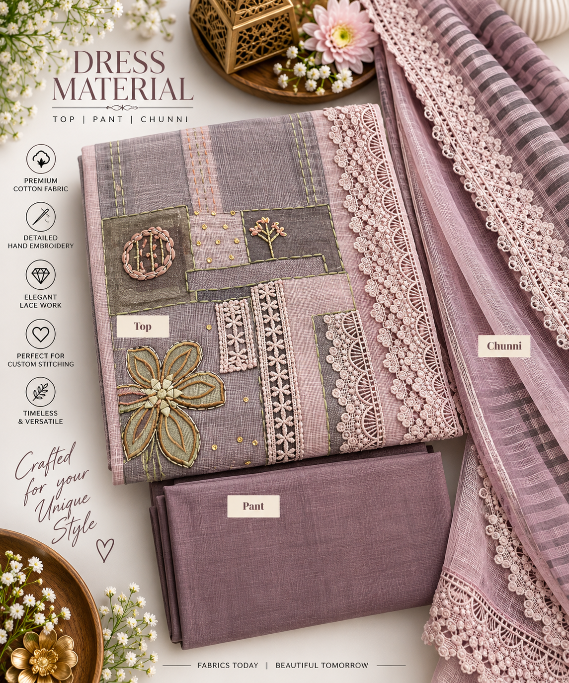 Dusty Mauve Patchwork Embroidered 3 Piece Dress Material