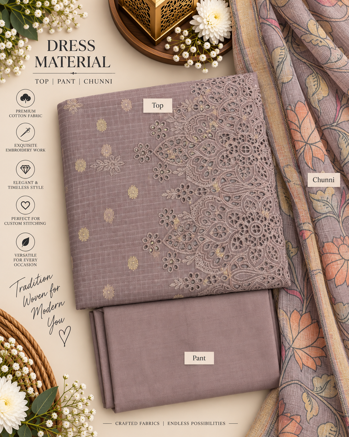 Mauve Grey Cutwork Embroidered 3 Piece Dress Material