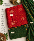 Red & Forest Green Bandhani Cotton Dress Material