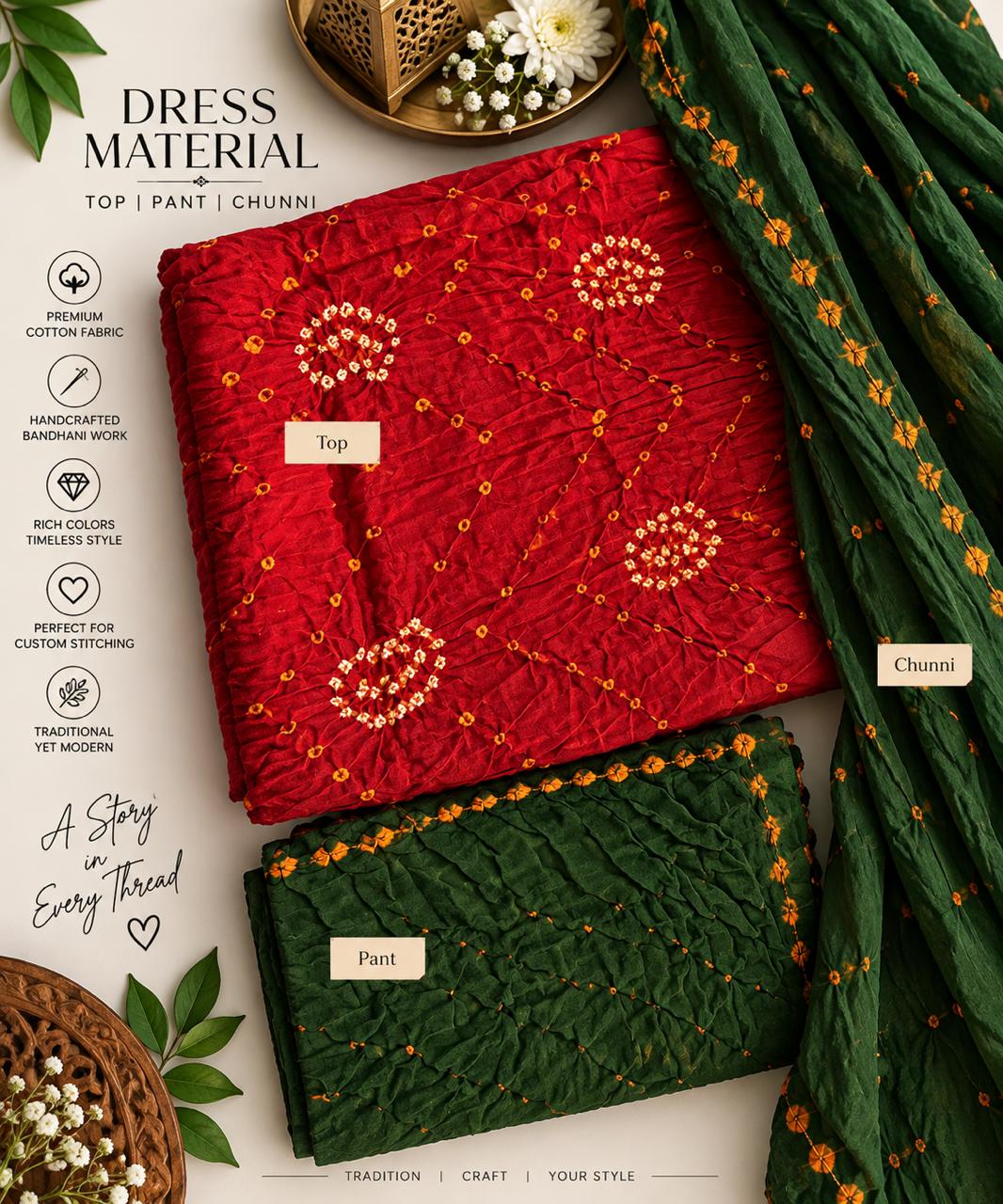 Red & Forest Green Bandhani Cotton Dress Material