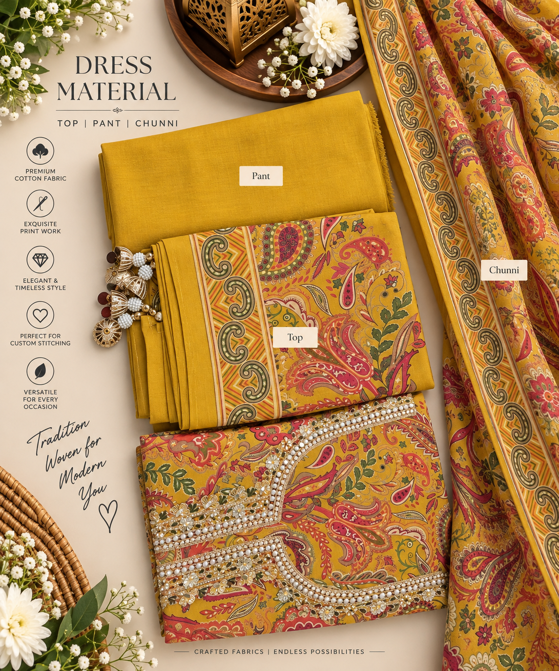 Mustard Kalamkari Cotton Dress Material