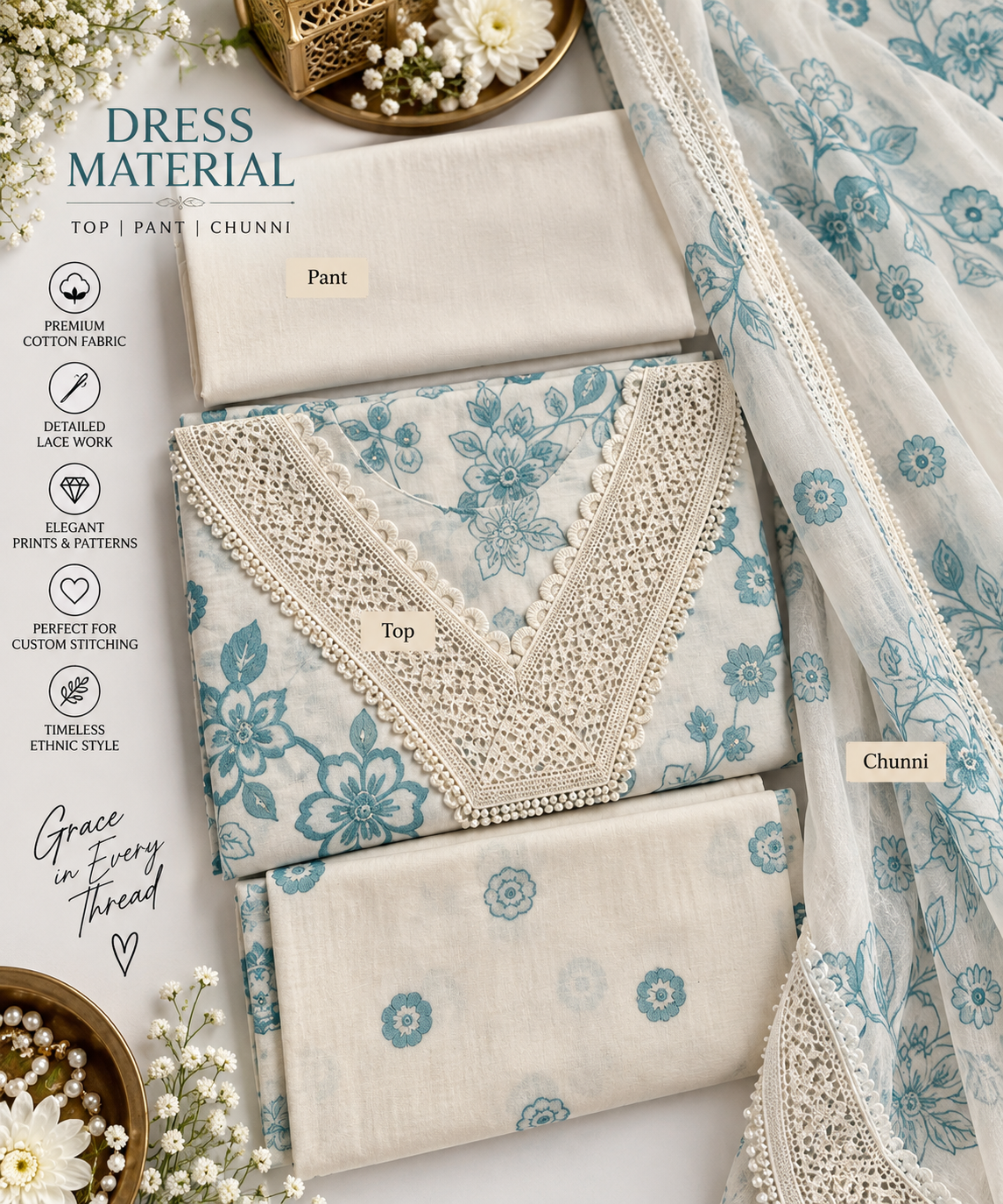 Ivory & Aqua Floral Lace Cotton Dress Material