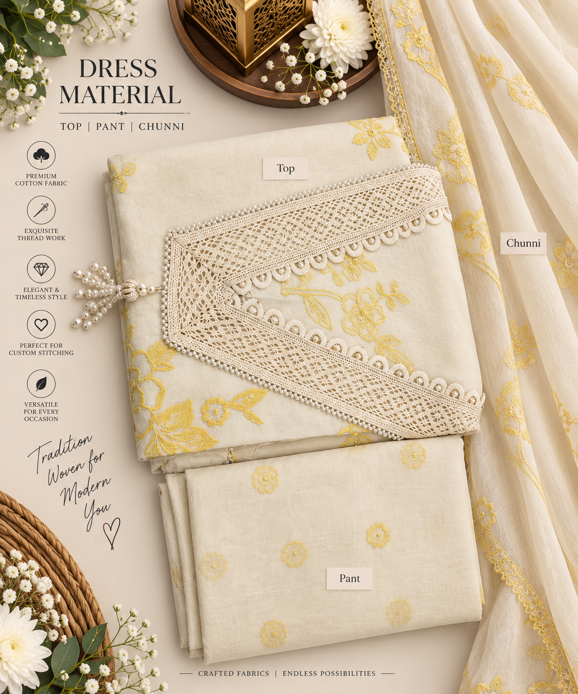 Ivory Yellow Floral Lace Cotton Dress Material