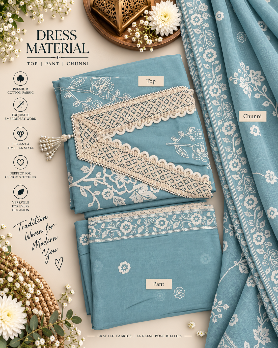Powder Blue Floral Lace Cotton Dress Material
