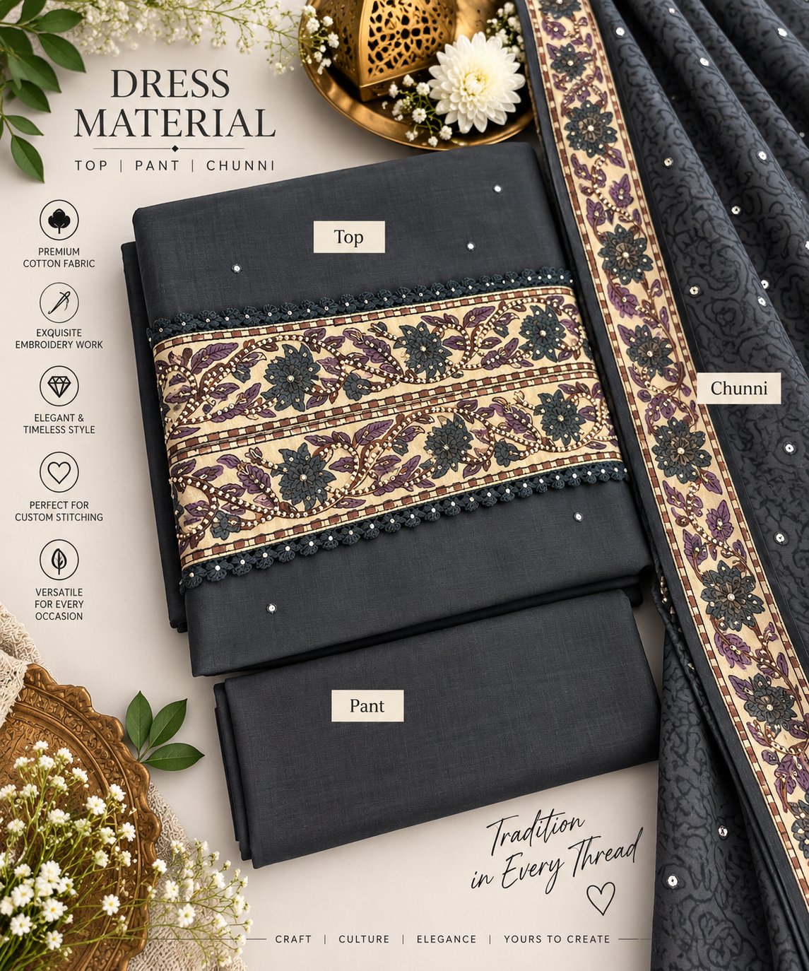 Charcoal Black Floral Border Cotton Dress Material