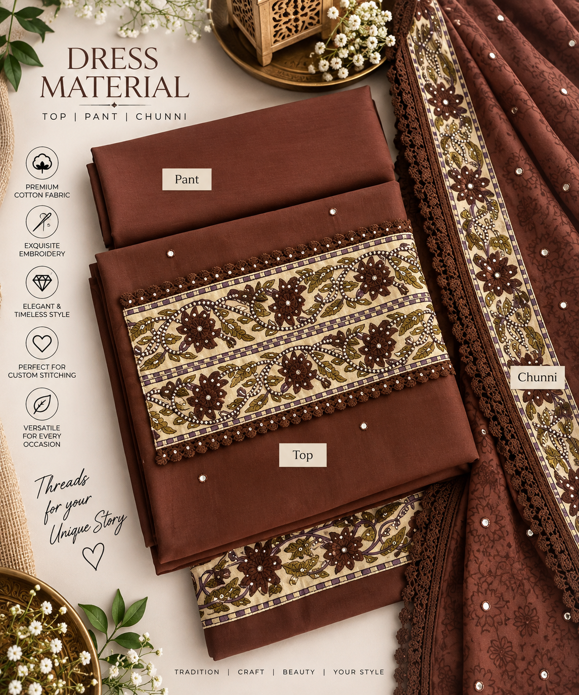 Rust Brown Floral Border Cotton Dress Material