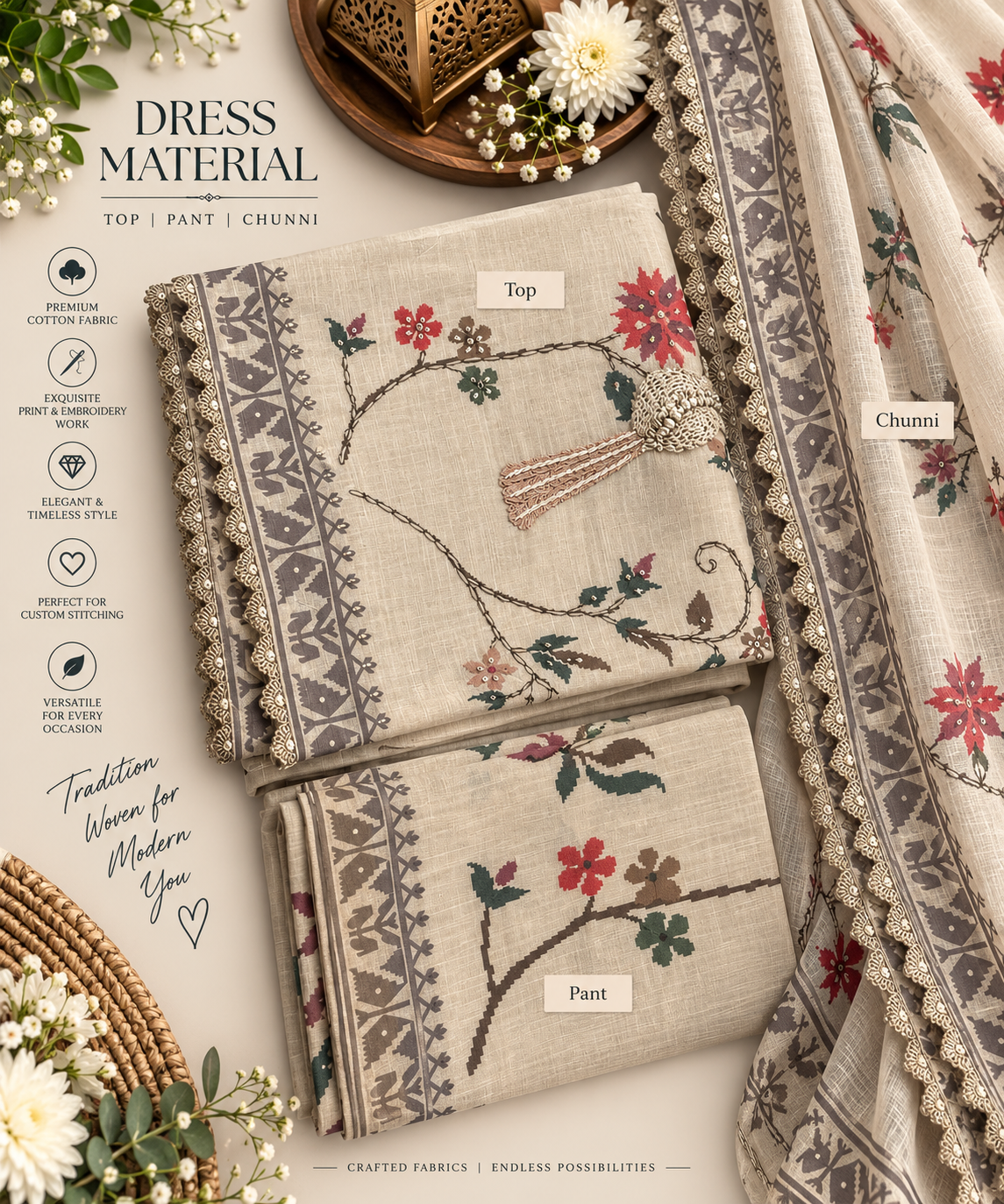 Beige Botanical Print Cotton Dress Material