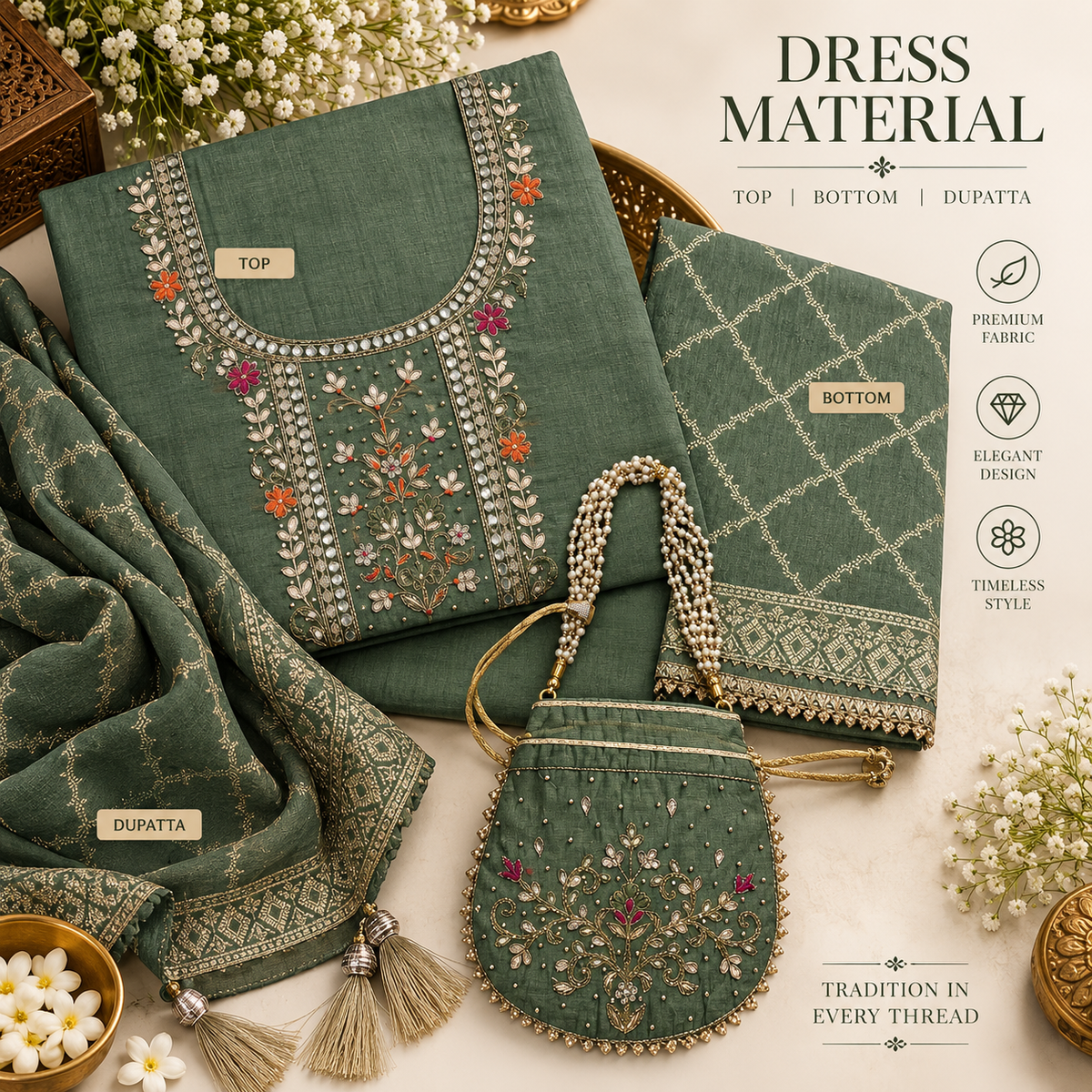 Sage Green Embroidered Premium Dress Material
