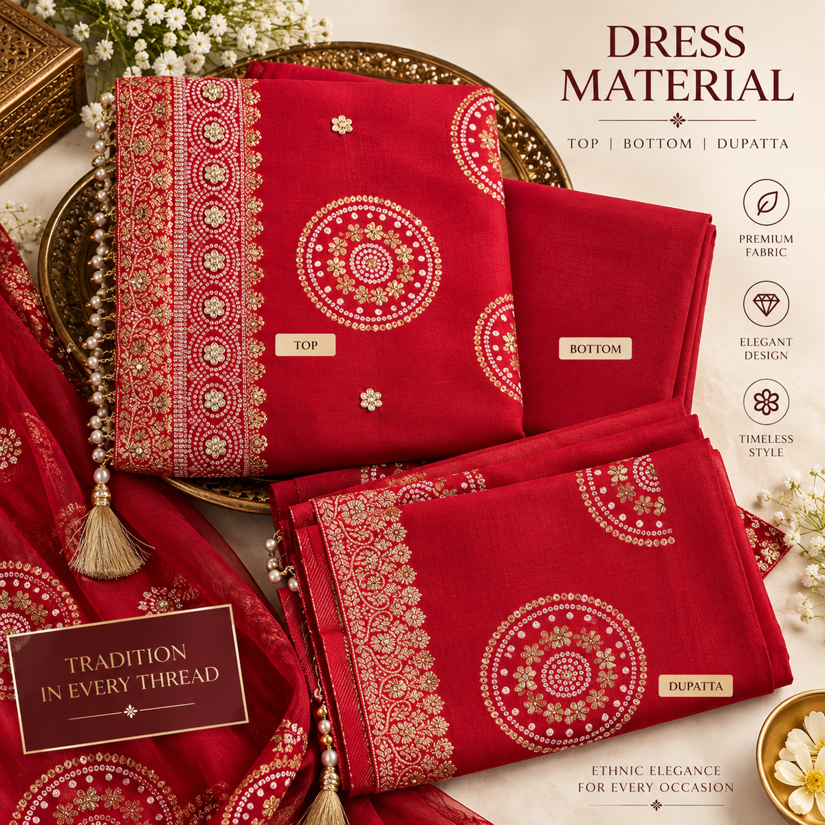 Crimson Red Embroidered Dress Material
