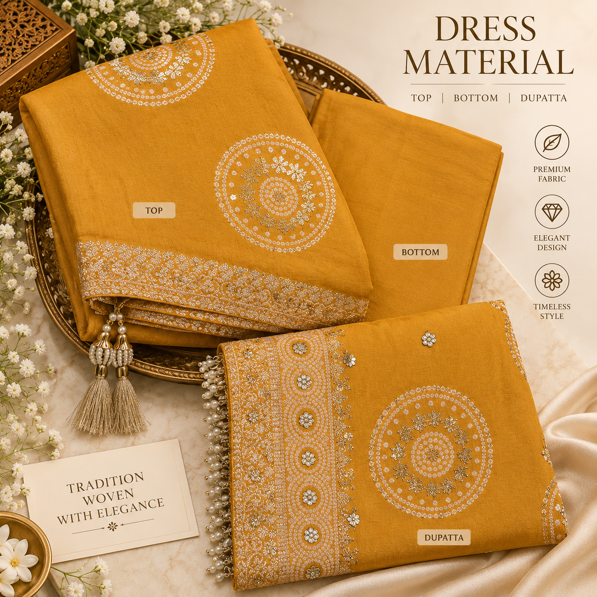 Mustard Gold Embroidered Dress Material