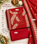 Crimson Red Leaf Embroidered Cotton Dress Material