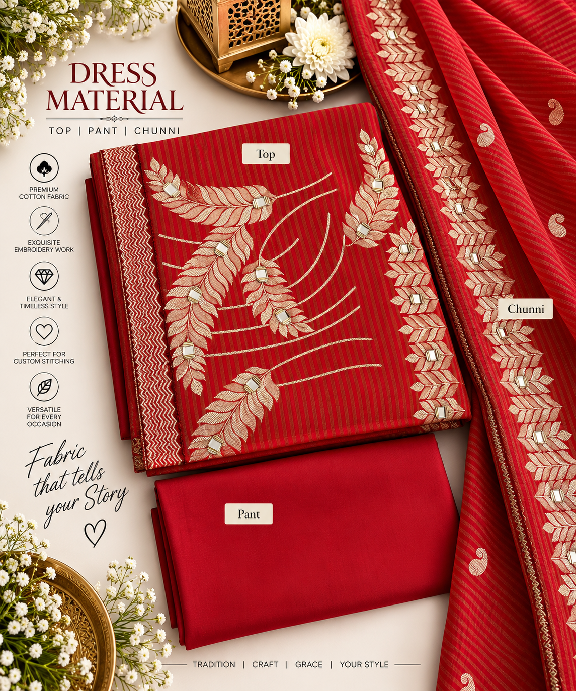 Crimson Red Leaf Embroidered Cotton Dress Material