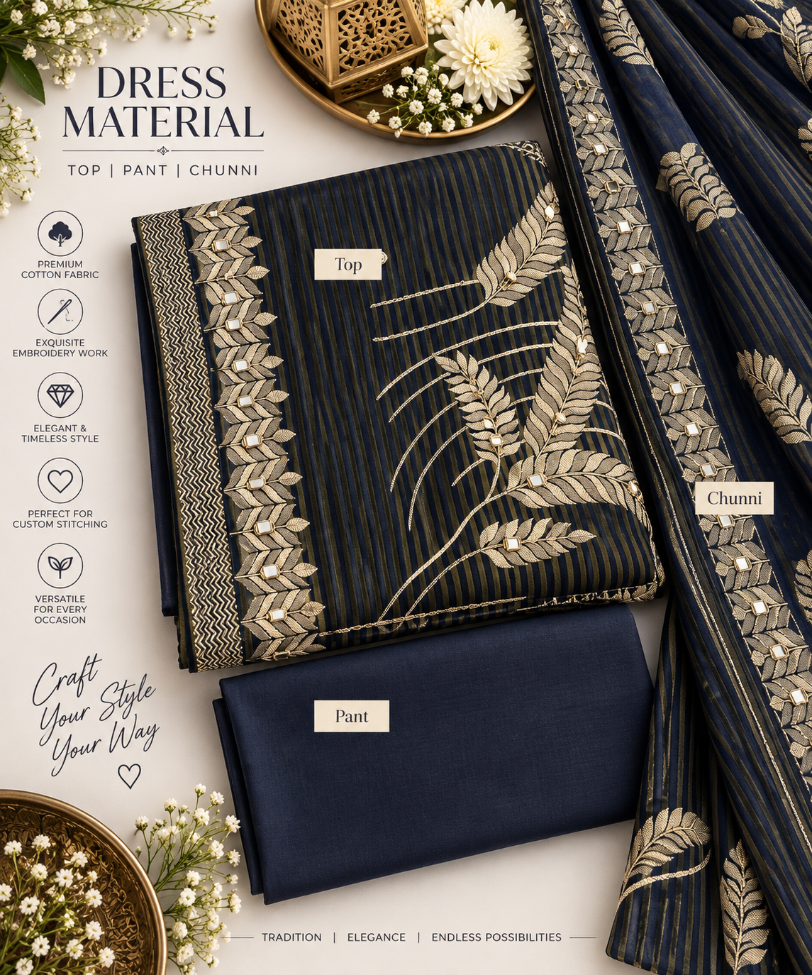 Midnight Navy Leaf Embroidered Dress Material