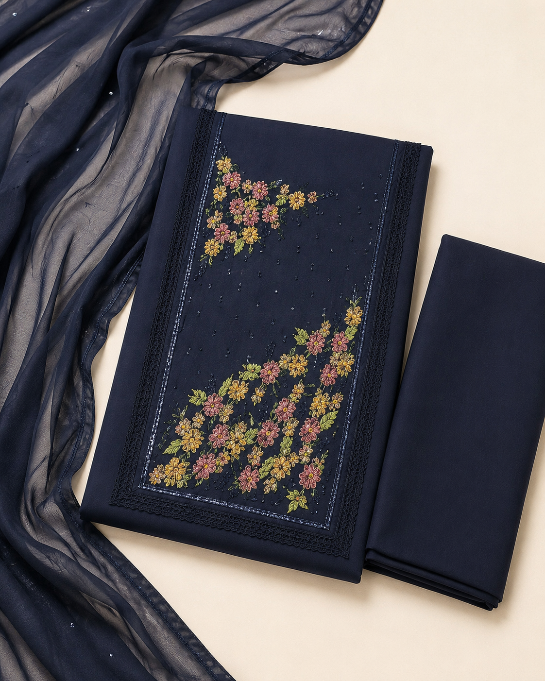 Midnight Navy Floral Panel Embroidered Dress Material