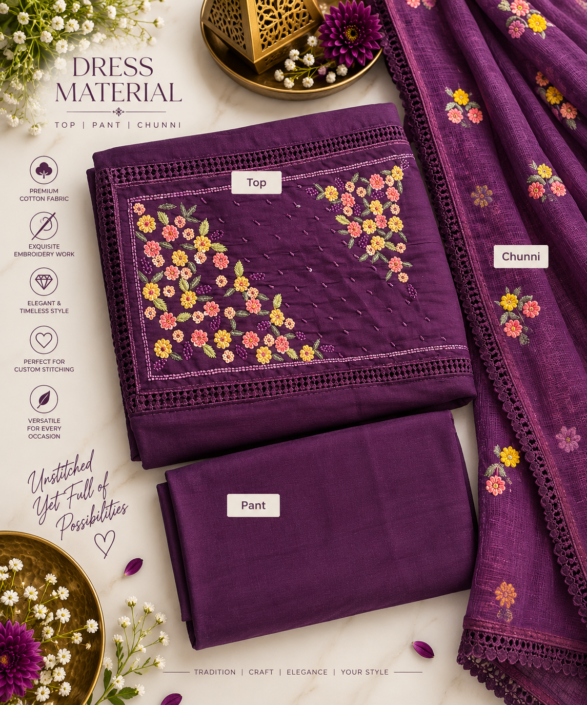 Royal Plum Floral Embroidered Cotton Dress Material