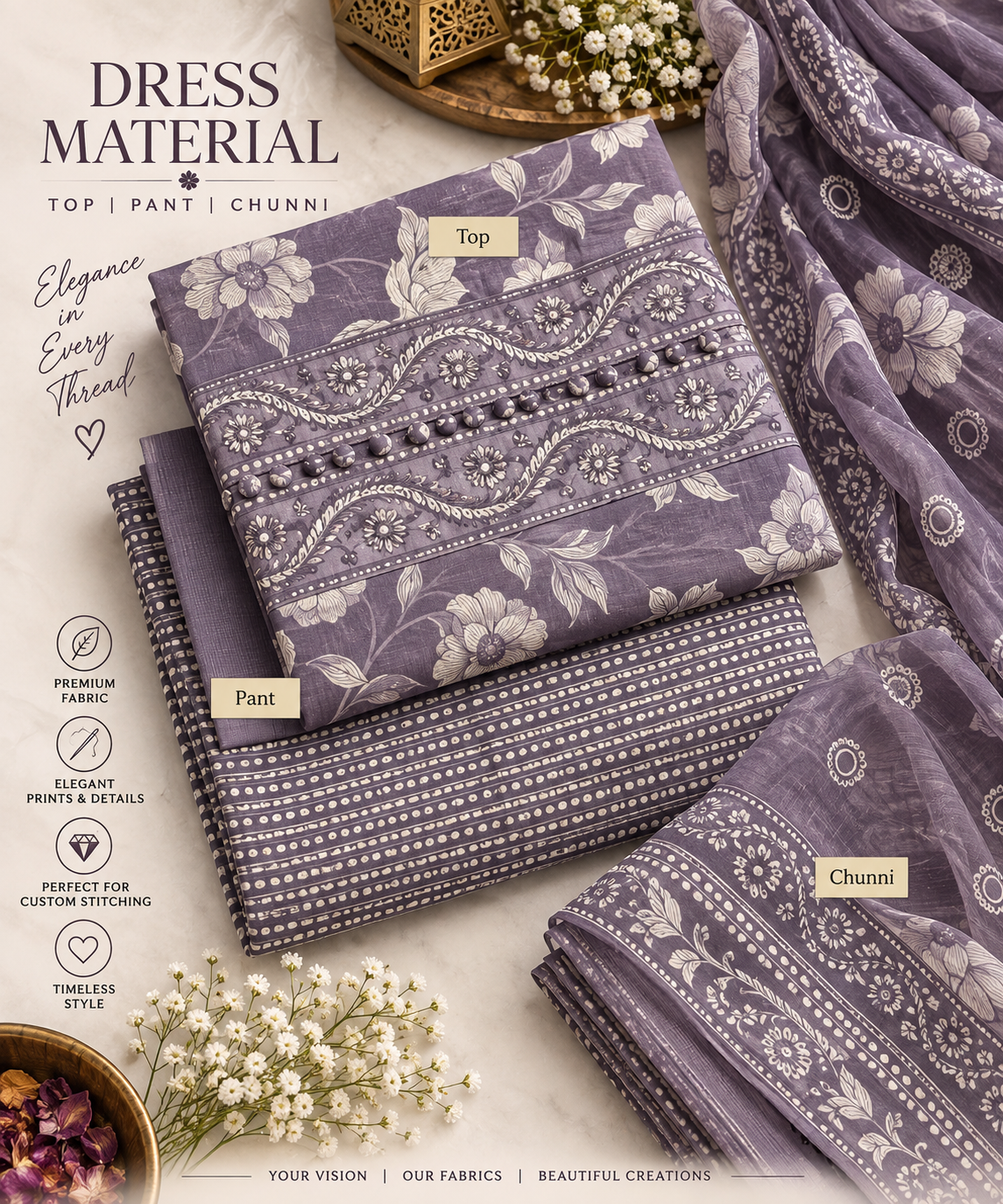 Dusty Lavender Floral Printed Dress Material