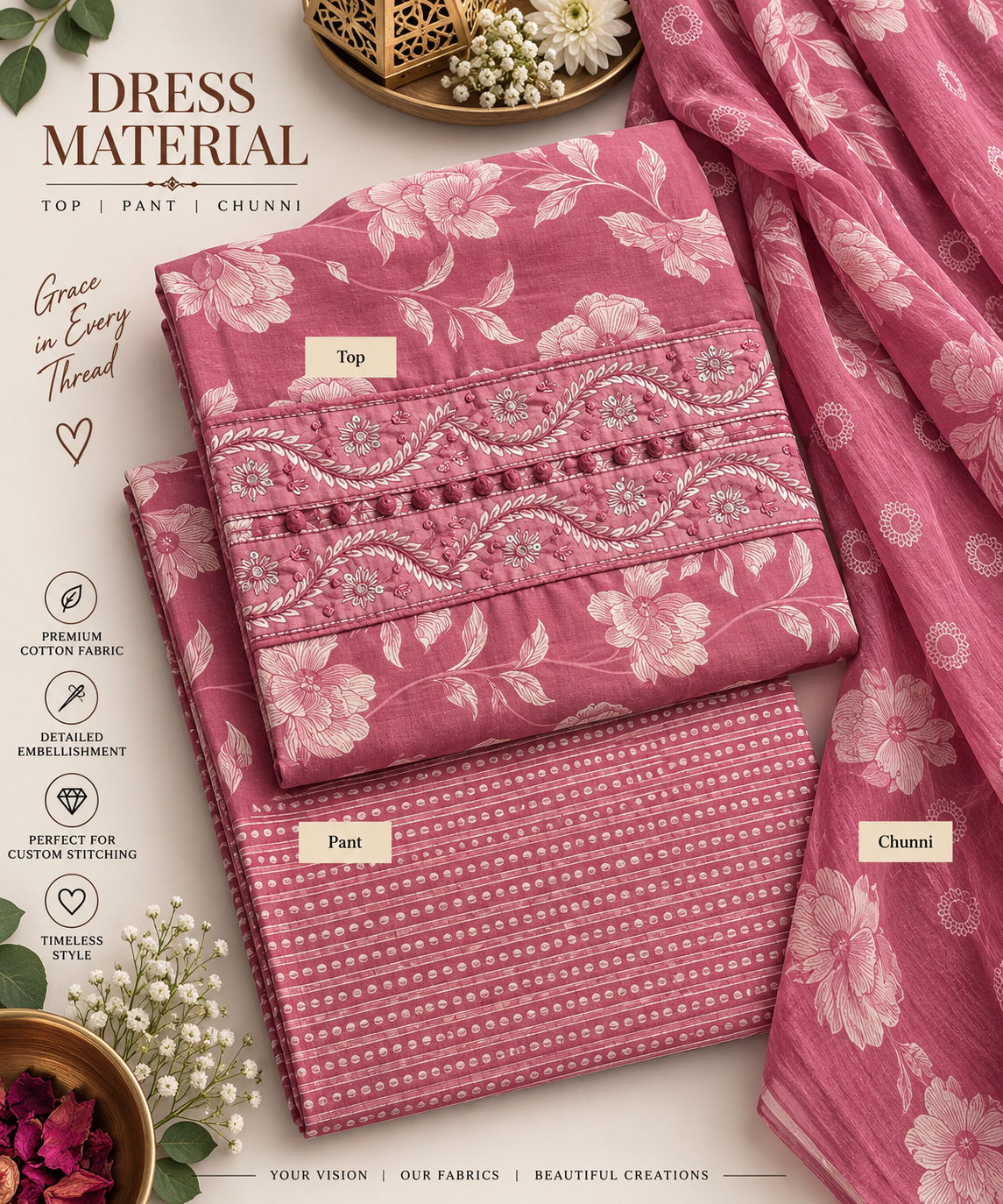 Dusty Rose Floral Printed Cotton Dress Material