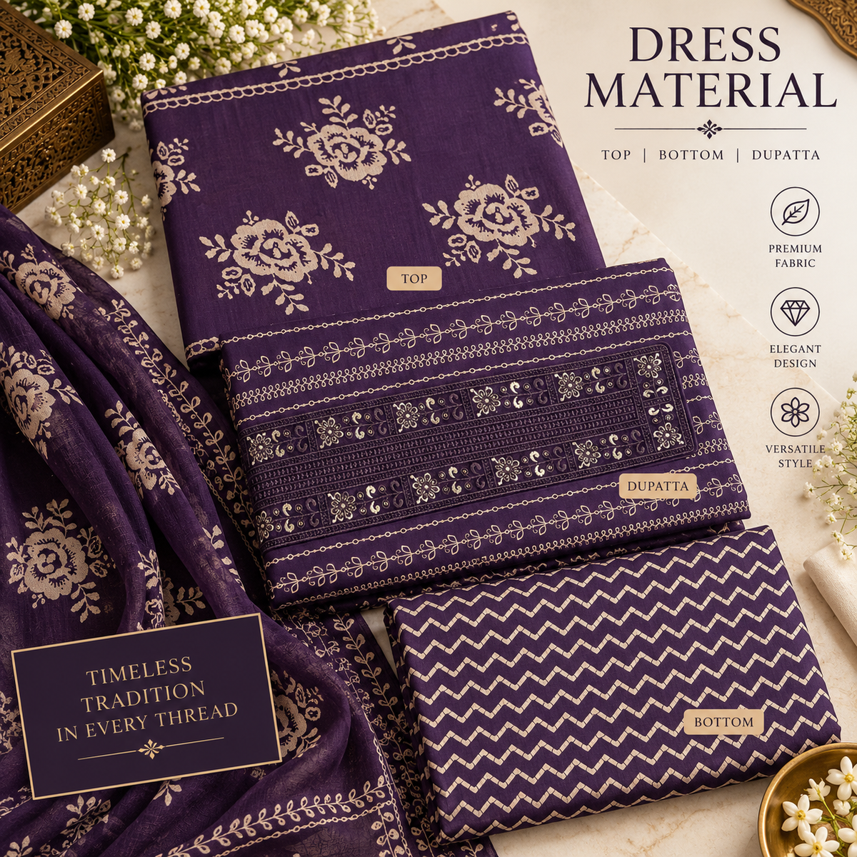 Deep Aubergine Heritage Printed Dress Material