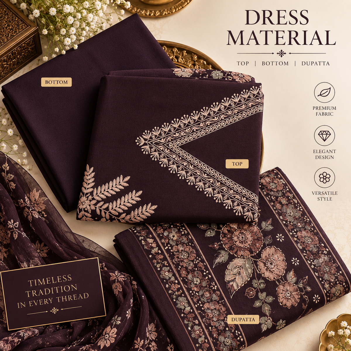 Deep Aubergine Botanical Embroidered Dress Material