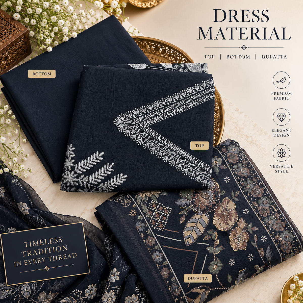 Ink Navy Botanical Embroidered Dress Material